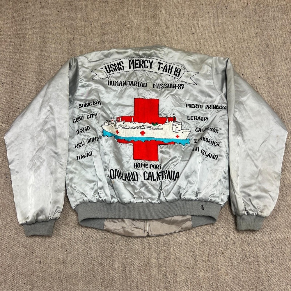 Vintage Souvenir Jacket Mens Large Silver 1980s California USNS MERCY